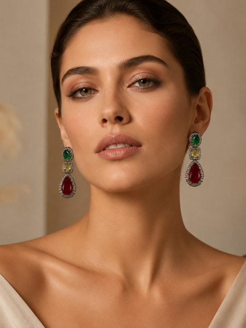 Ruby Green Kundan Drop Earrings | Statement Earrings for Women