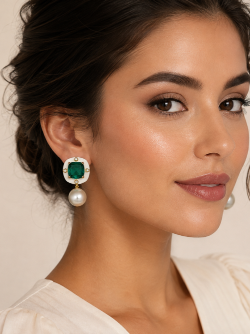 Emerald Green Statement Pearl Drop Earrings