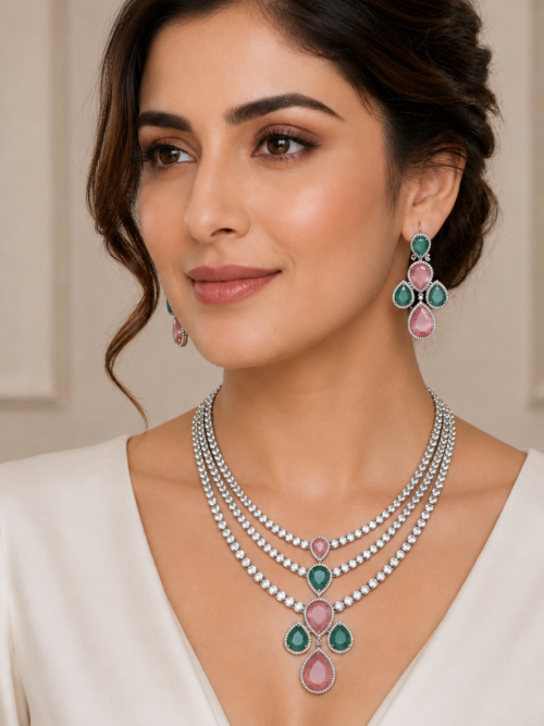 Blush & Emerald Crystal Layered Necklace & Earring Set